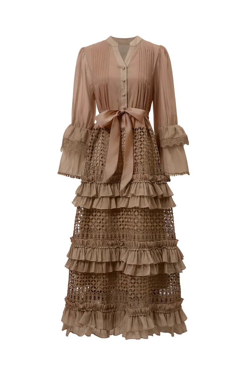 Vestido Maxi Hakula Resort com Manga Longa e Babado em Renda