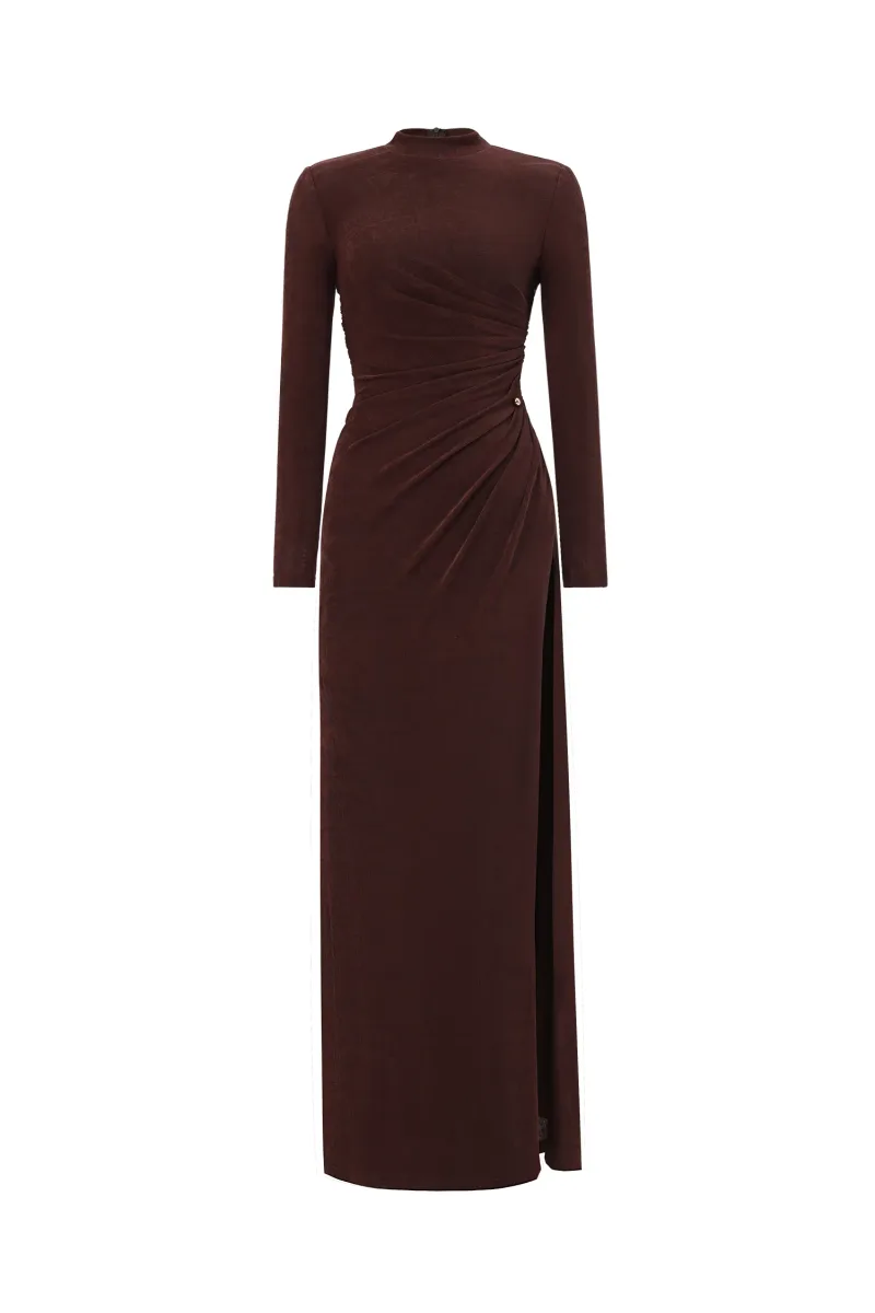 Vestido Maxi Ivy Elegante com Manga Longa e Detalhes Franzidos