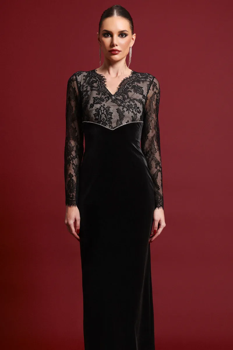 Vestido Maxi Lotta com Decote V, Manga Longa e Renda em Veludo