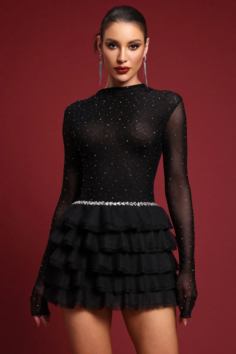 Vestido Mini Kerta com Detalhes Cristal e Babado em Tule