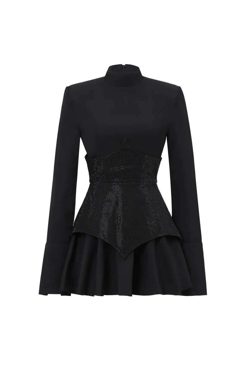 Vestido Mini Tanria com Manga Longa e Detalhes Cristal