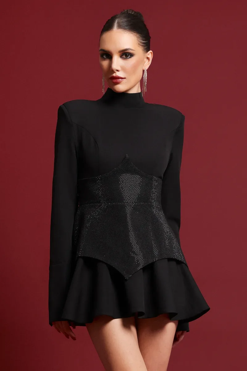 Vestido Mini Tanria com Manga Longa e Detalhes Cristal