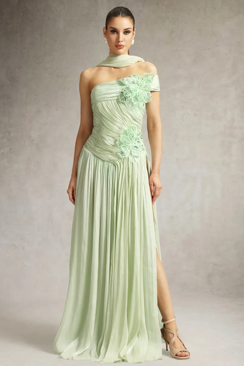 Vestido Maxi Mellies com Um Ombro, Padronagem Floral e Fenda Alta