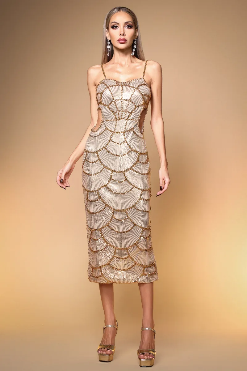 Vestido Midi Teresa com Pérolas e Paetês Dourados