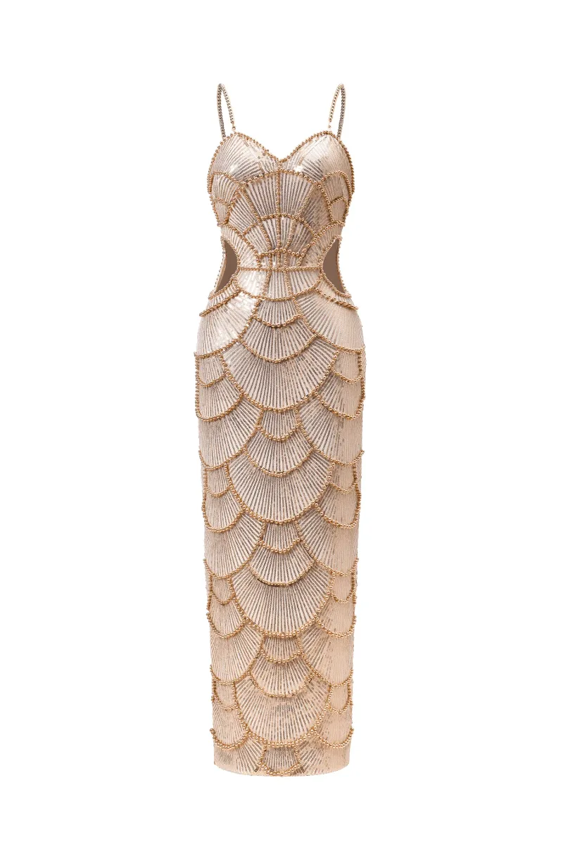 Vestido Midi Teresa com Pérolas e Paetês Dourados