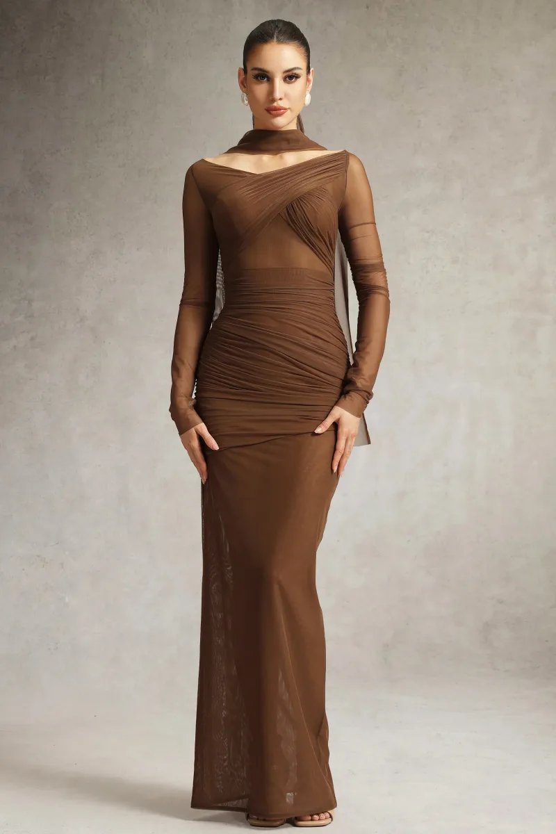Vestido Maxi Zimino com Manga Longa e Franzidos em Tule