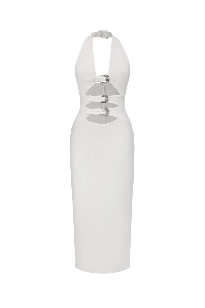 Vestido Midi Viane Halter com Cut-Out e Fivela Metálica