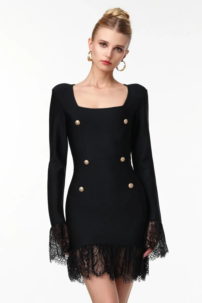 Vestido Mini Sydney com Botões Strass e Renda