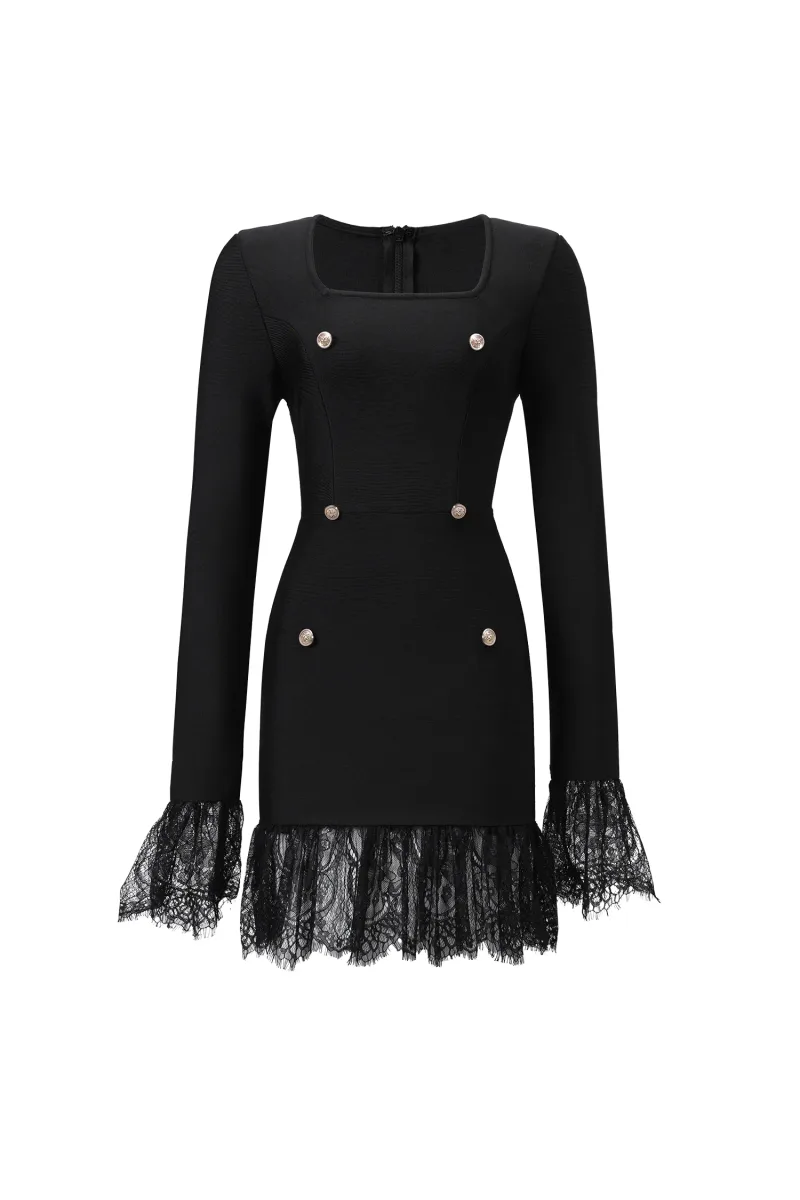 Vestido Mini Sydney com Botões Strass e Renda