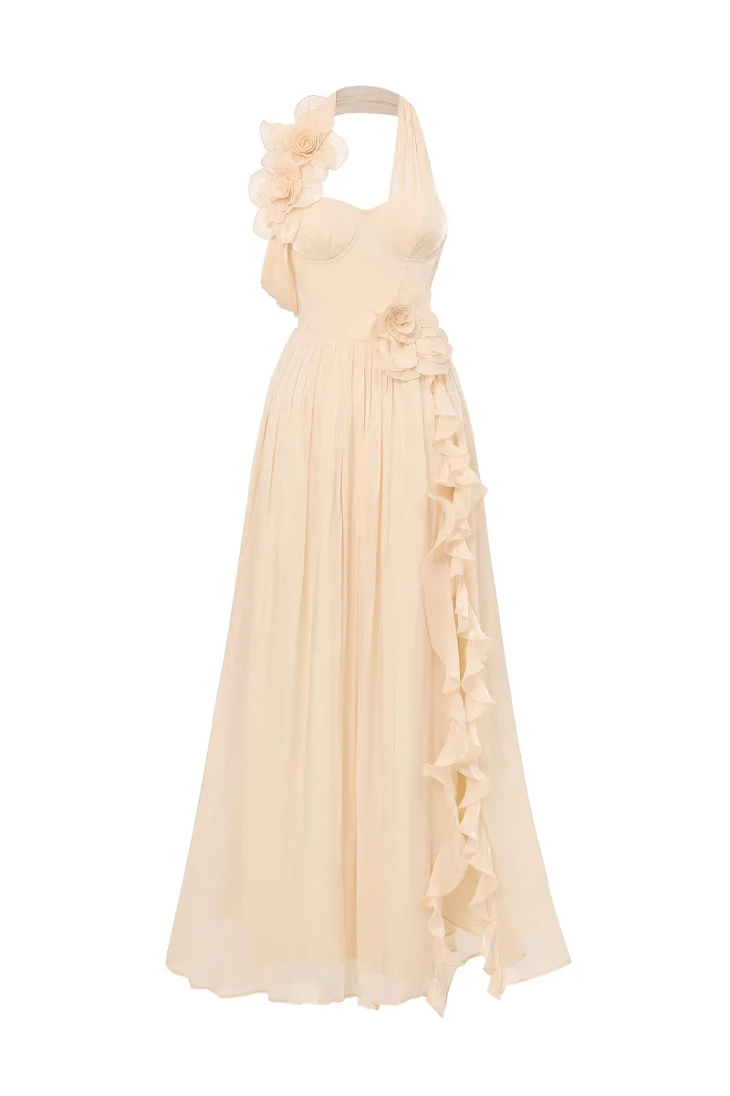 Vestido Maxi Davina Halter com Detalhe Floral e Fenda