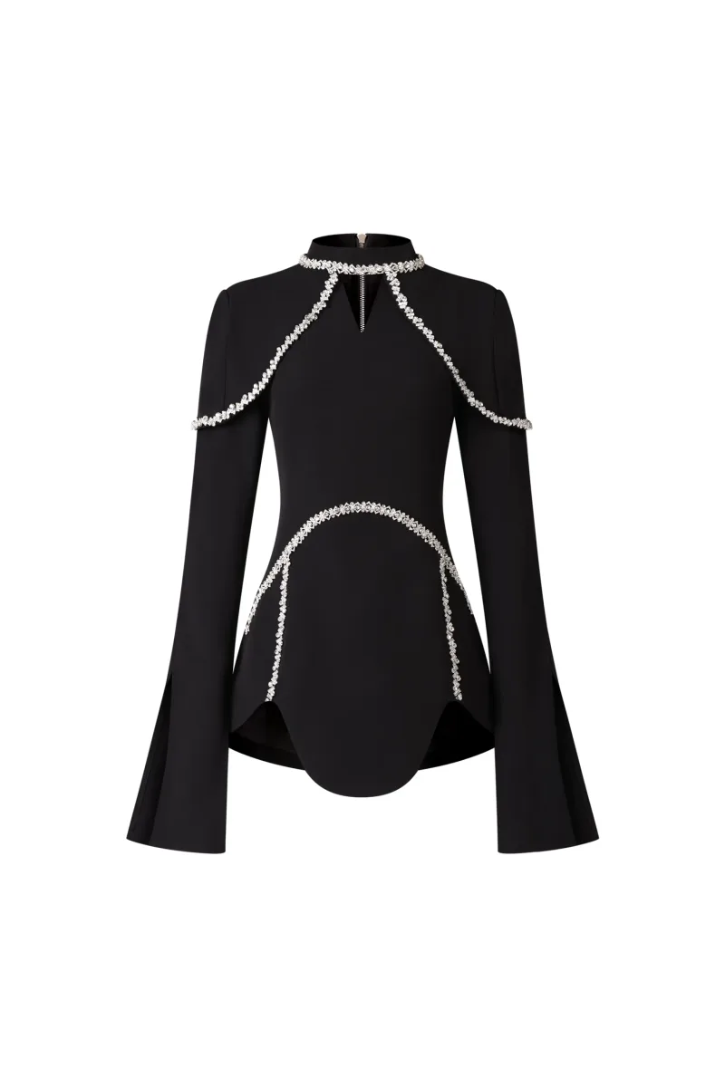 Vestido Mini Teagan Gola Alta com Mangas Bufantes Irregulares