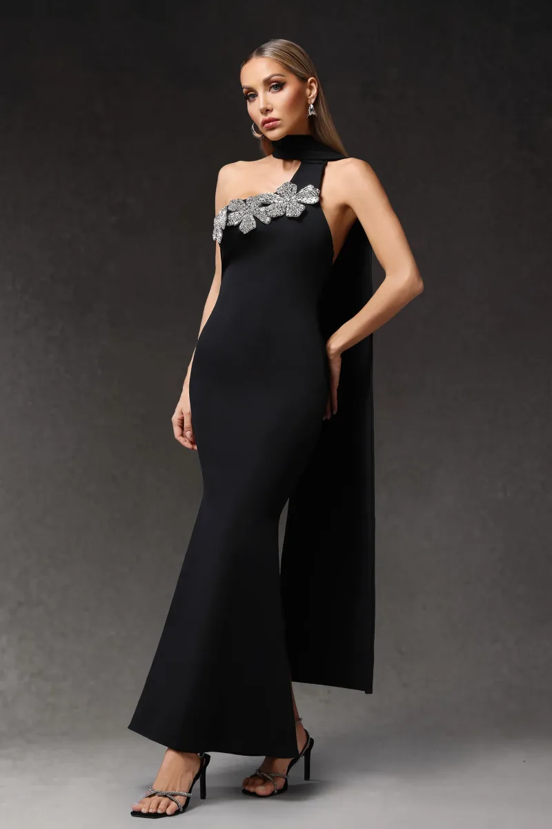 Vestido Longo Luva com Um Ombro e Aplicação Floral