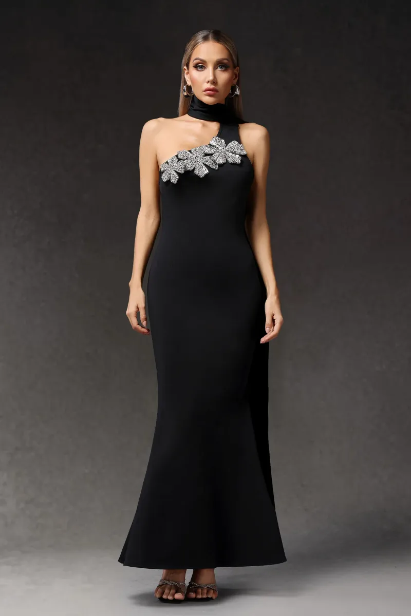 Vestido Longo Luva com Um Ombro e Aplicação Floral