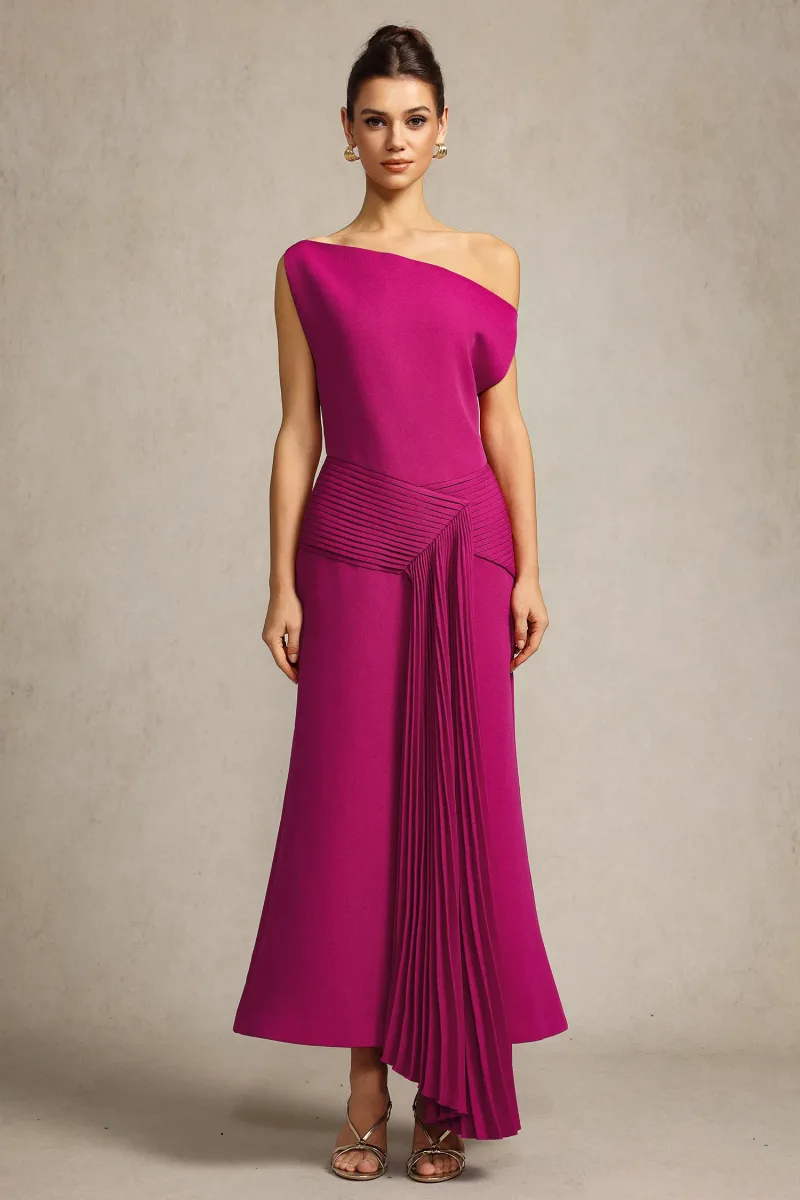 Vestido Midi Paulina com Ombro Oblíquo e Pregas em Rosa