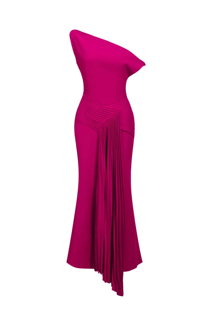 Vestido Midi Paulina com Ombro Oblíquo e Pregas em Rosa