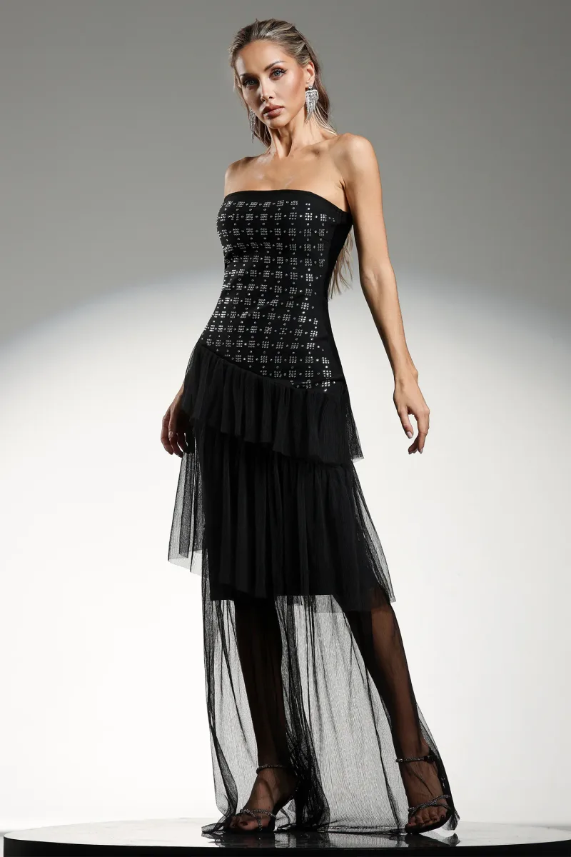 Vestido Maxi Lunia sem Mangas com Aplicações de Diamantes