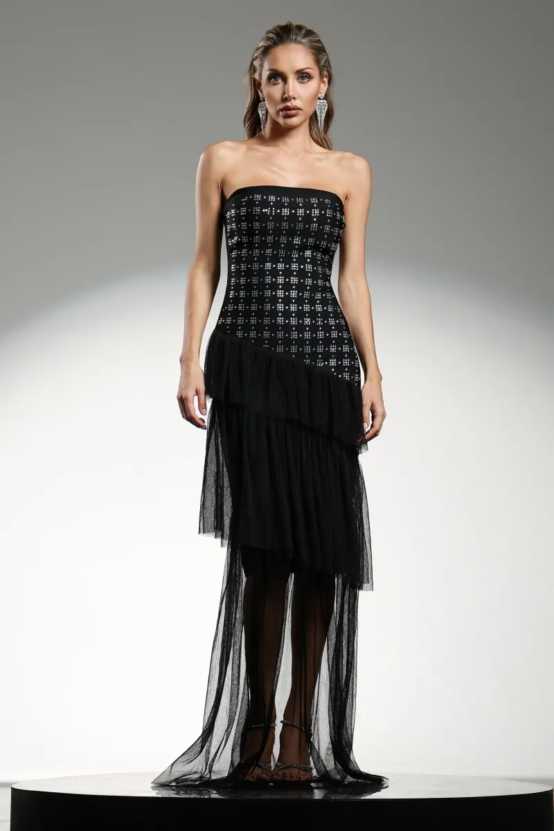 Vestido Maxi Lunia sem Mangas com Aplicações de Diamantes