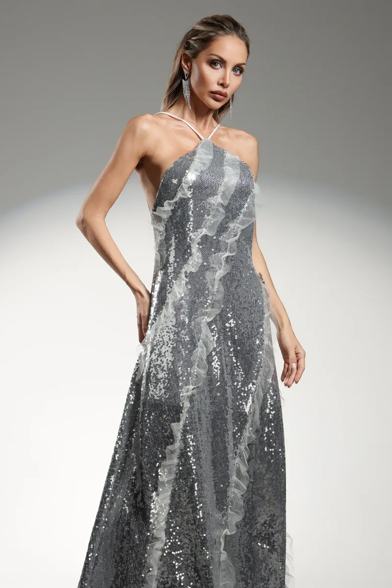 Vestido Maxi Dilara sem Mangas com Paetês e Babados