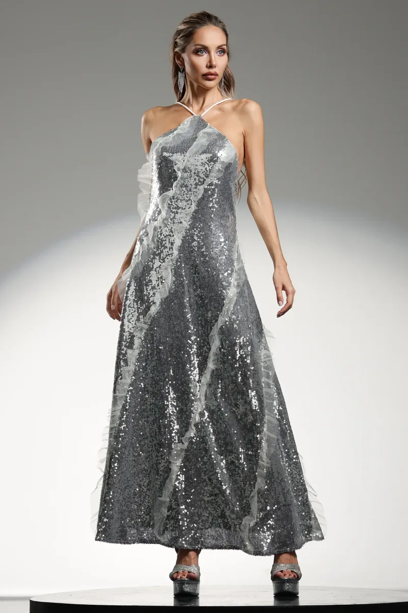 Vestido Maxi Dilara sem Mangas com Paetês e Babados