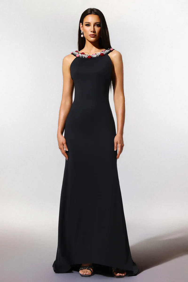Vestido Maxi Hedar sem Mangas com Paetês e Costas Nuas