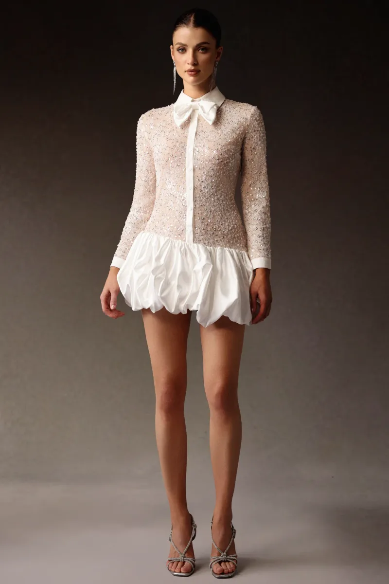 Vestido Mini Theodora Sem Mangas Renda Bordada Paetê Puff