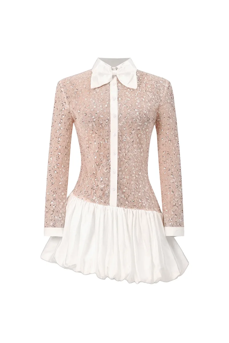 Vestido Mini Theodora Sem Mangas Renda Bordada Paetê Puff