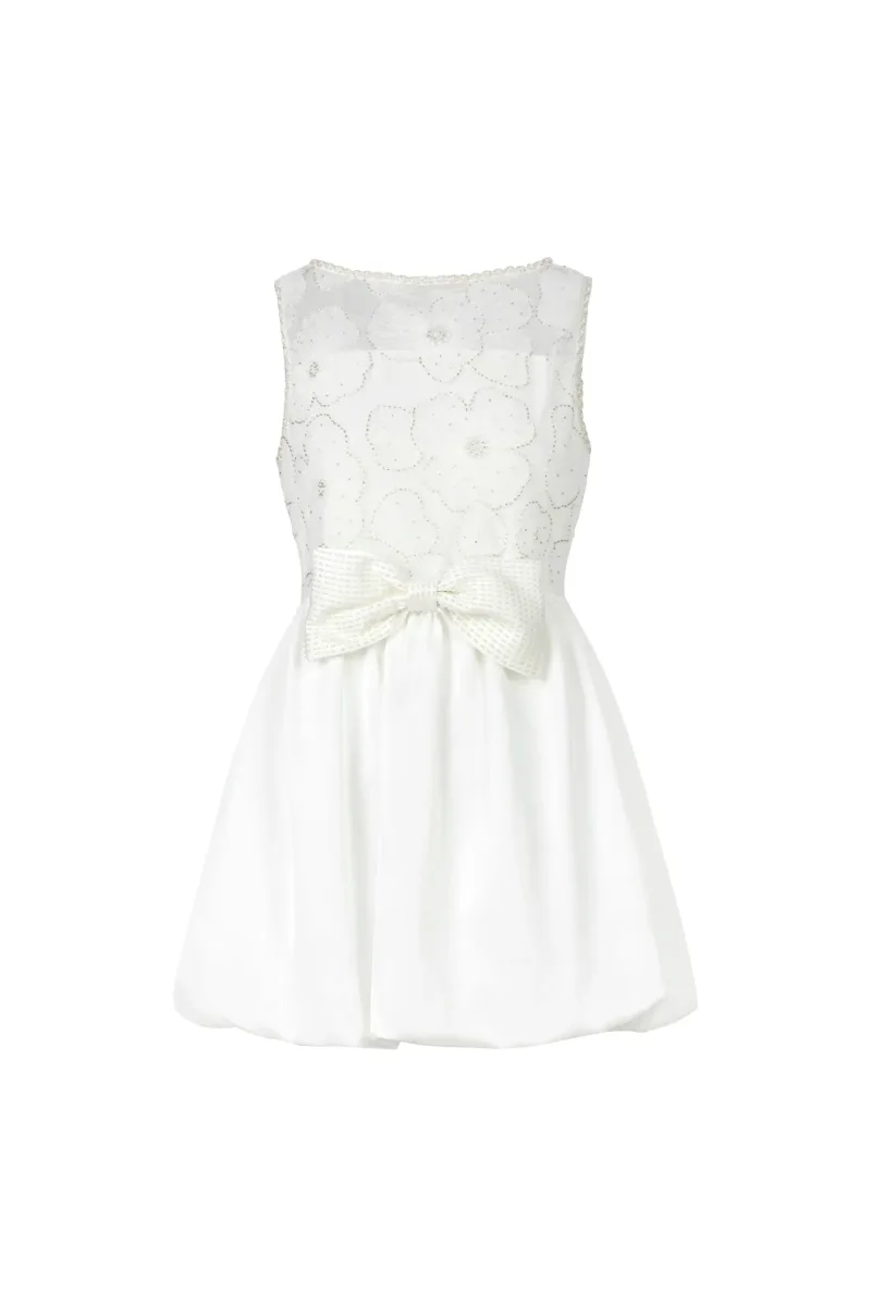 Vestido Mini Shea Sem Mangas Renda com Bordado Floral e Laço