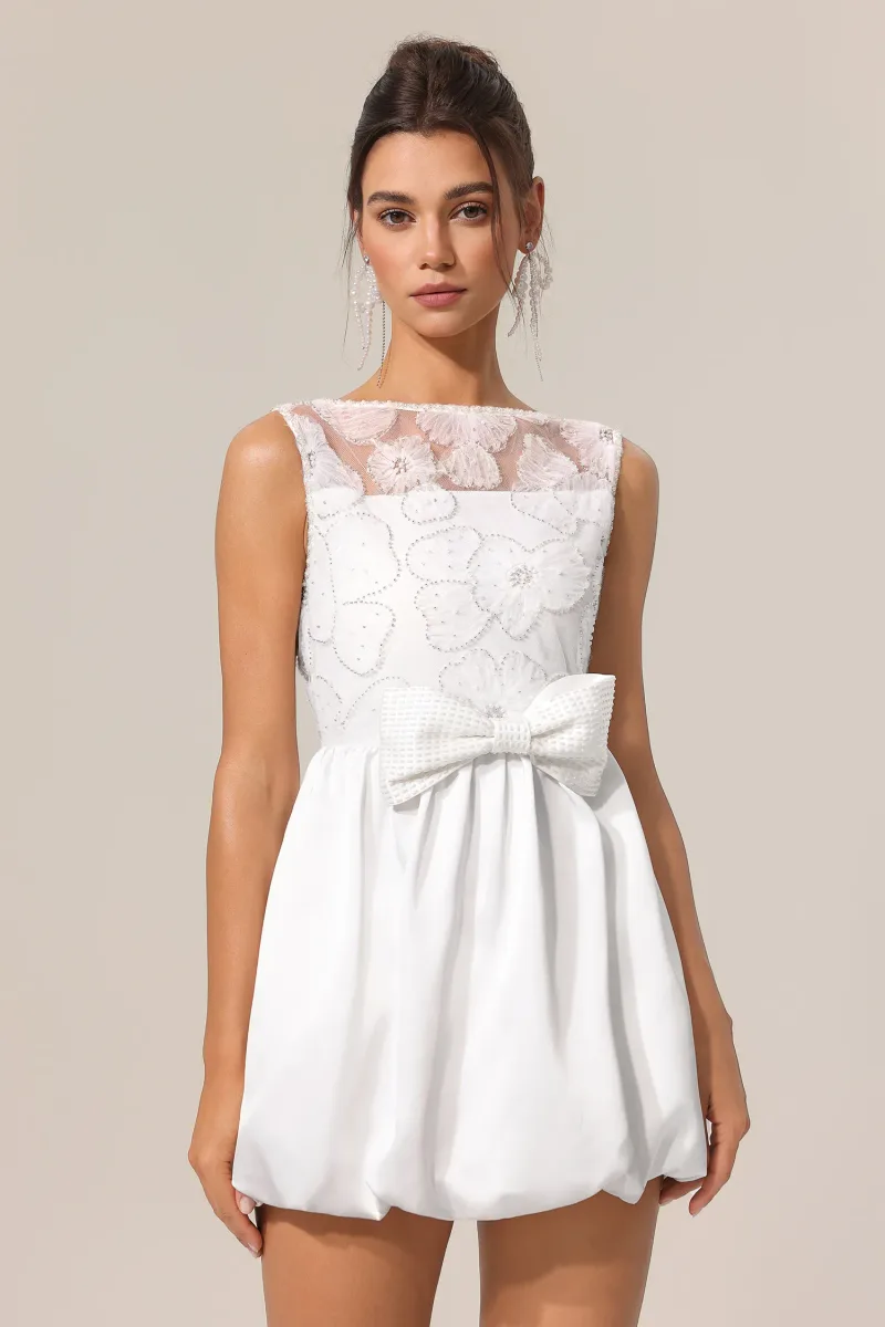 Vestido Mini Shea Sem Mangas Renda com Bordado Floral e Laço