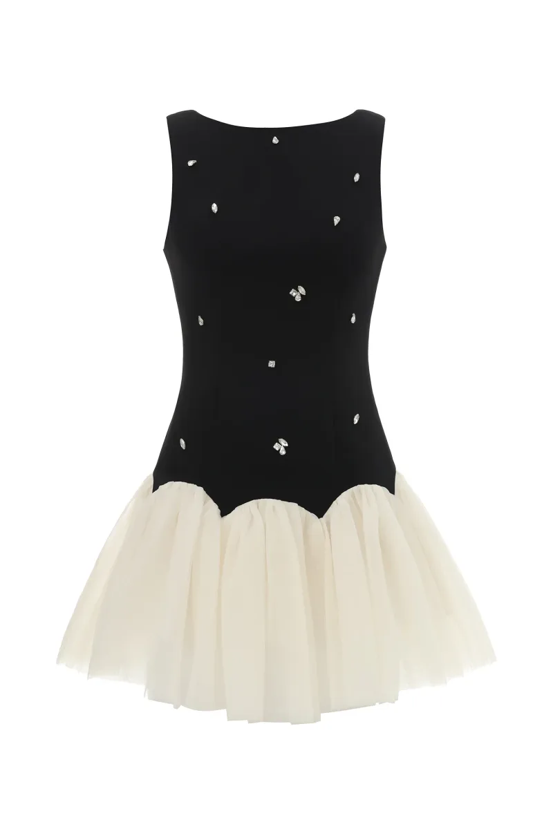 Salamo – Vestido Sem Mangas com Diamante, Comprimento Curto