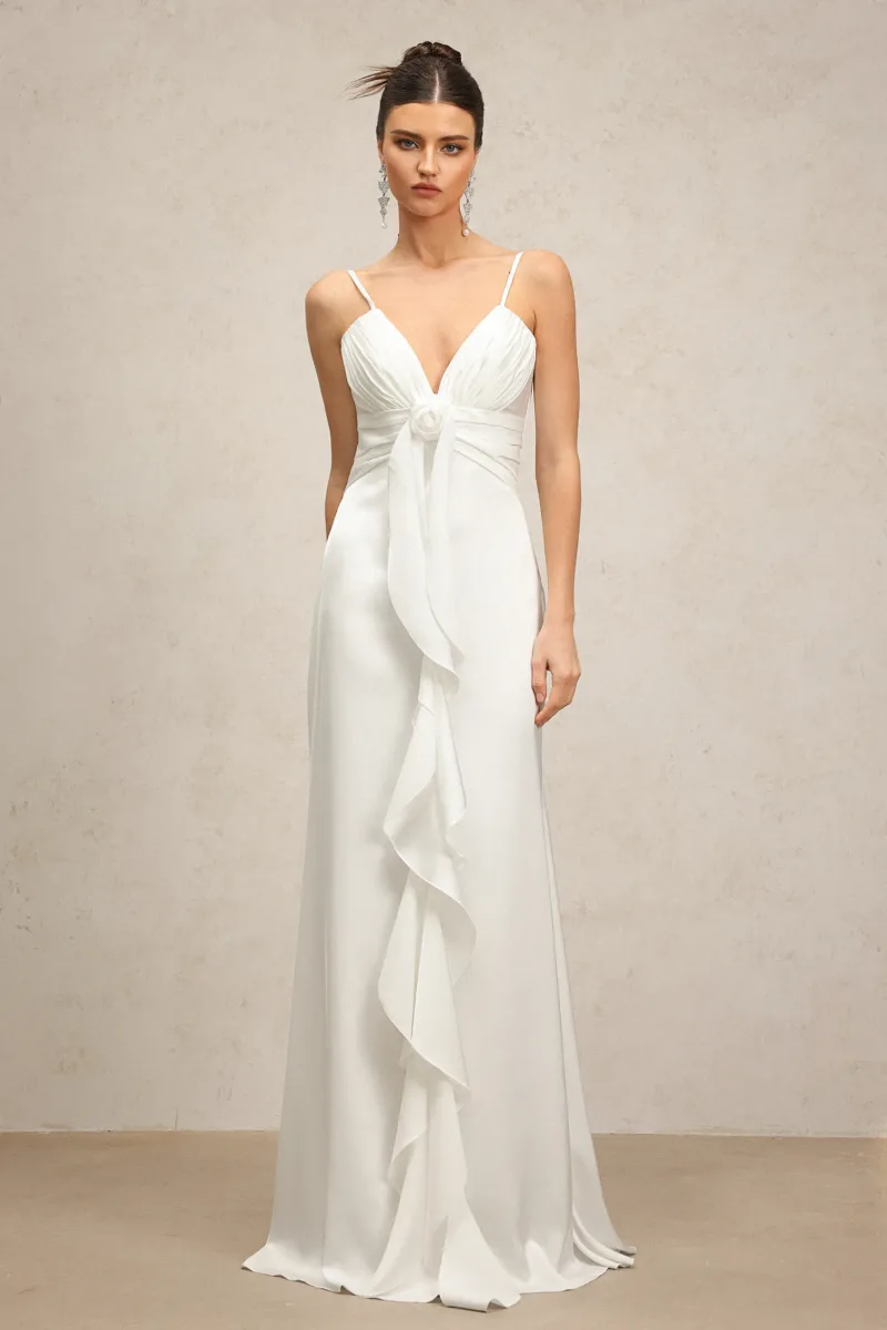 Yvonne – Vestido Sem Mangas, Decote em V com Flores, Comprimento Longo