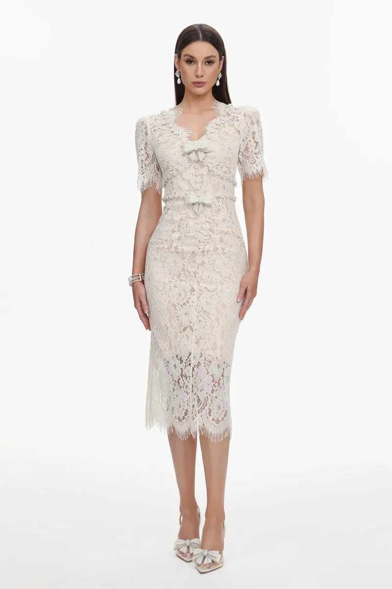Vestido Midi Maisie Decote V com Laço de Renda