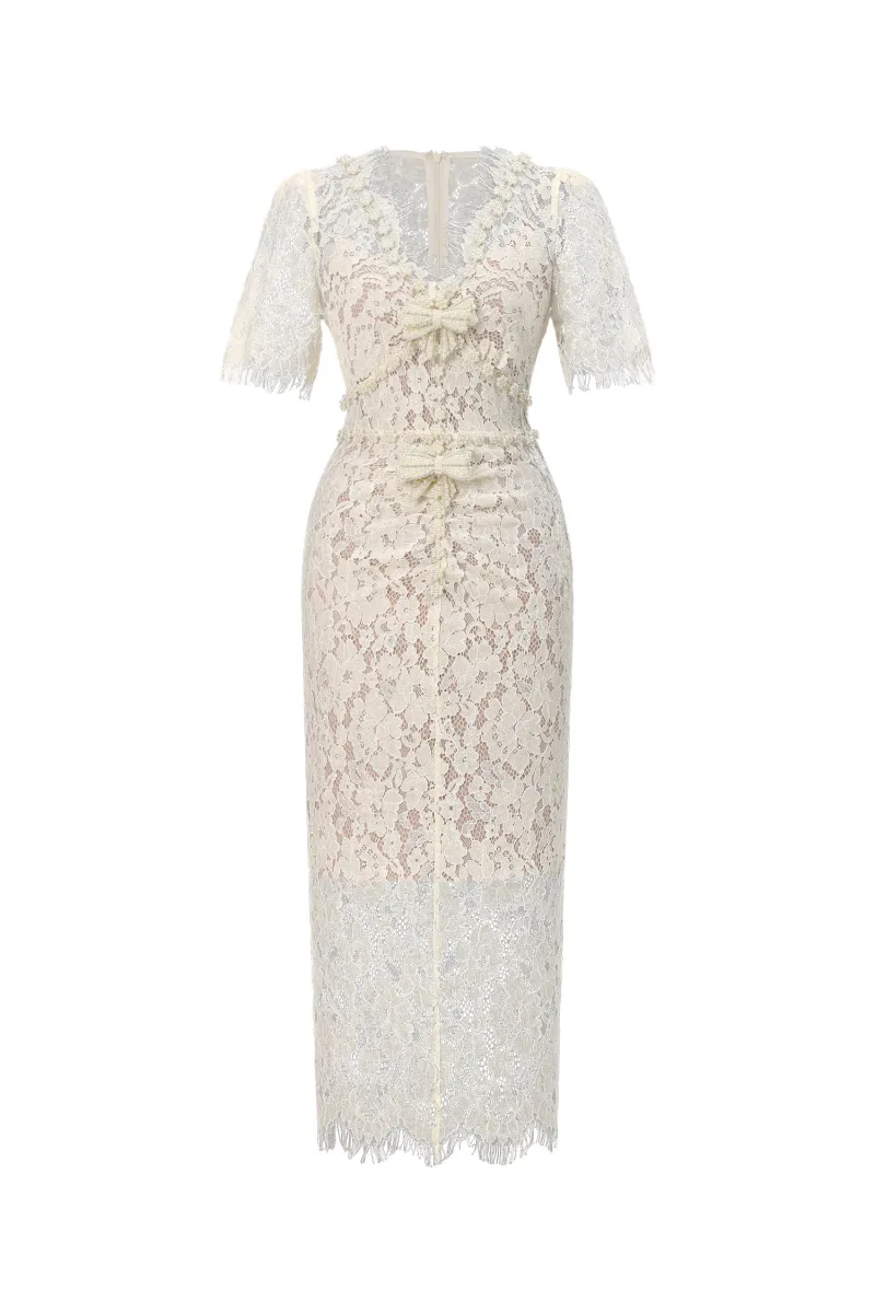 Vestido Midi Maisie Decote V com Laço de Renda