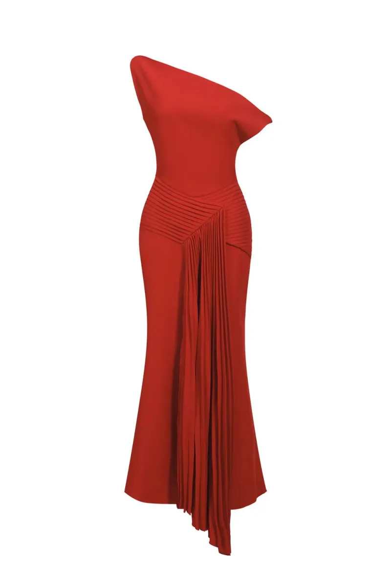 Vestido Midi Jillian Ombro Oblíquo Sem Mangas com Pregas