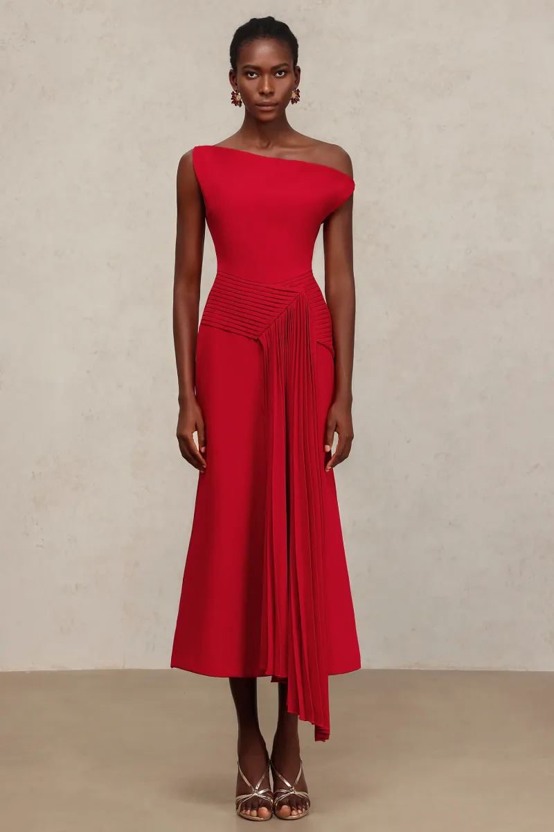 Vestido Midi Jillian Ombro Oblíquo Sem Mangas com Pregas