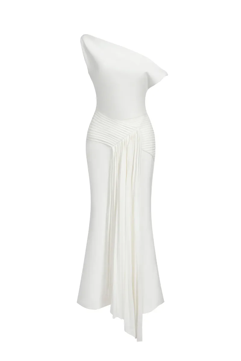 Vestido Midi Paulina com Ombro Oblíquo e Pregas