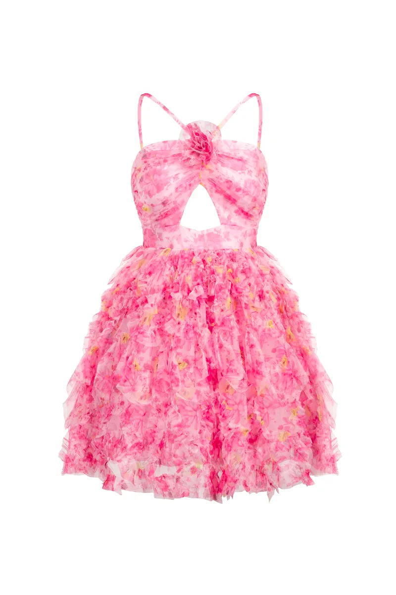 Vestido Mini Daware com Flores Estampadas e Recortes