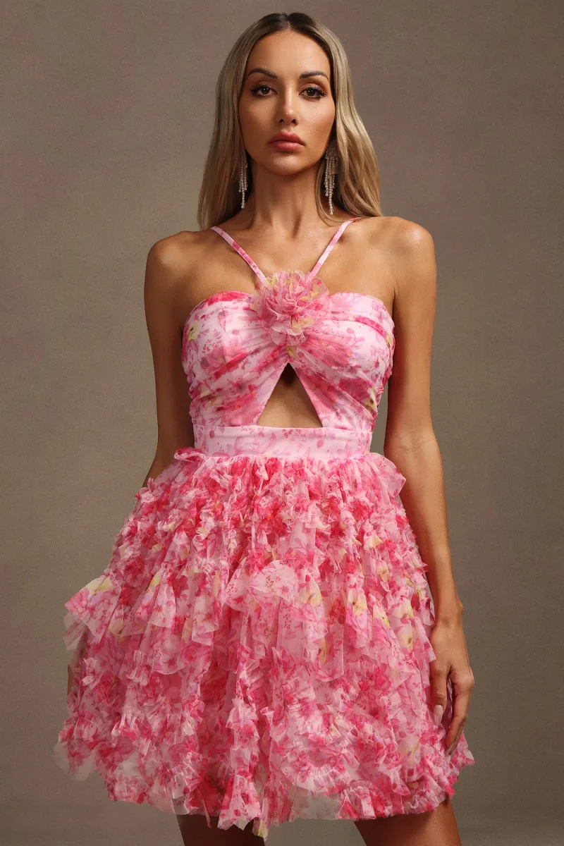 Vestido Mini Daware com Flores Estampadas e Recortes