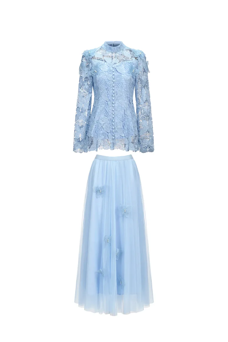 Co-ord Set Sabina com Manga Longa, Pregas e Renda com Borboletas