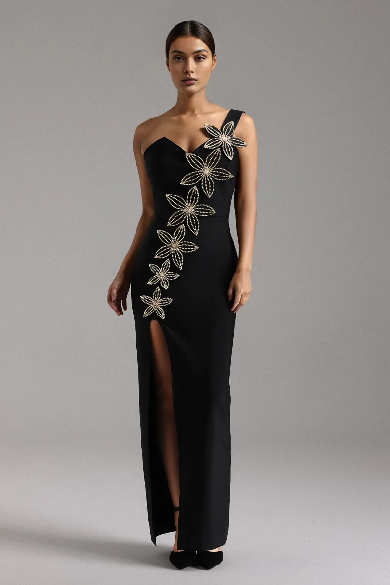 Vestido Longo Monroe Ombro Único com Estampa Floral e Recorte V