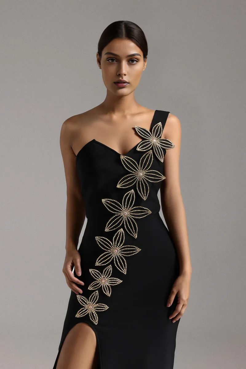 Vestido Longo Monroe Ombro Único com Estampa Floral e Recorte V