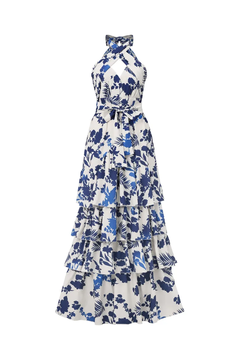 Vestido Maxi Ninon com Estampa e Decote Halter