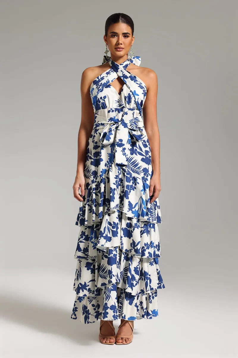 Vestido Maxi Ninon com Estampa e Decote Halter