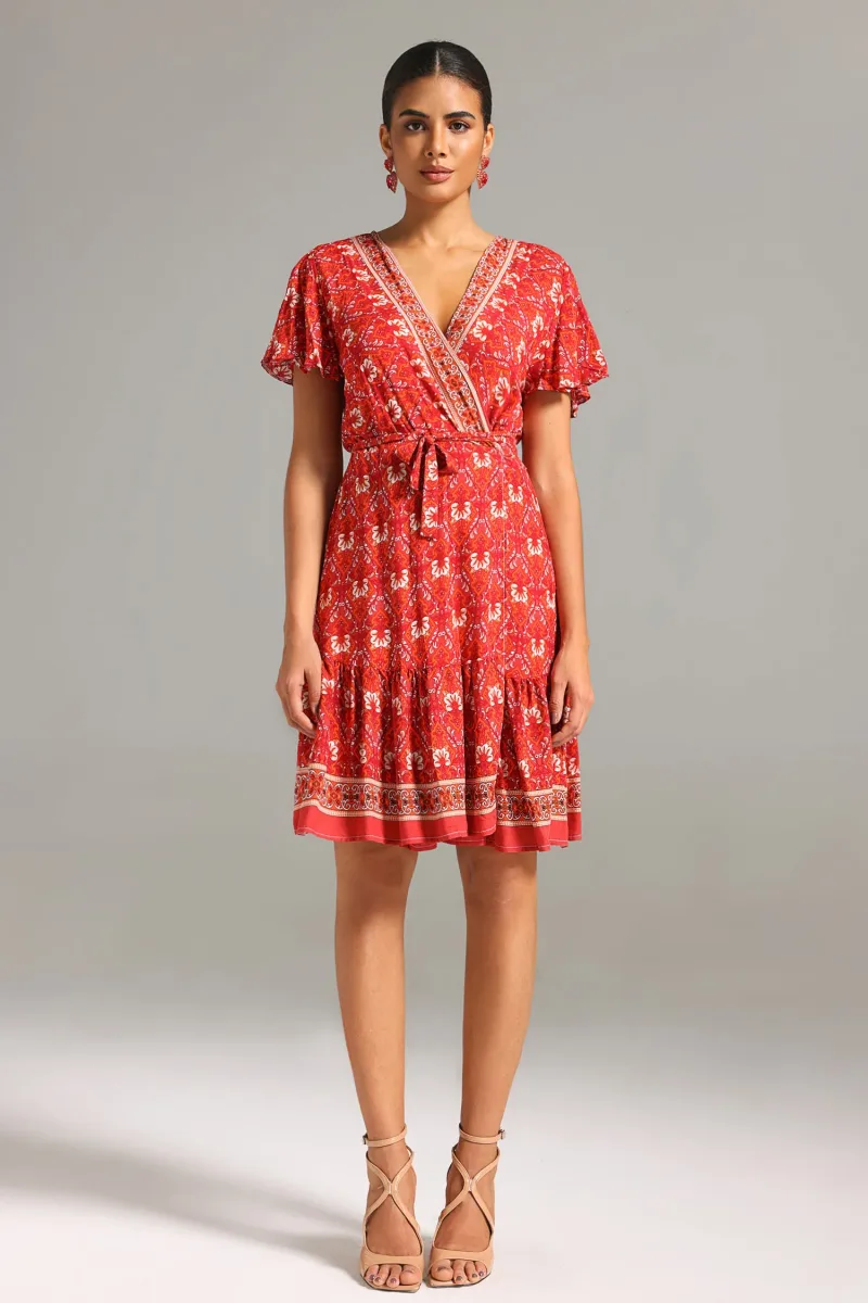 Vestido Mini Quany com Decote V e Estampa