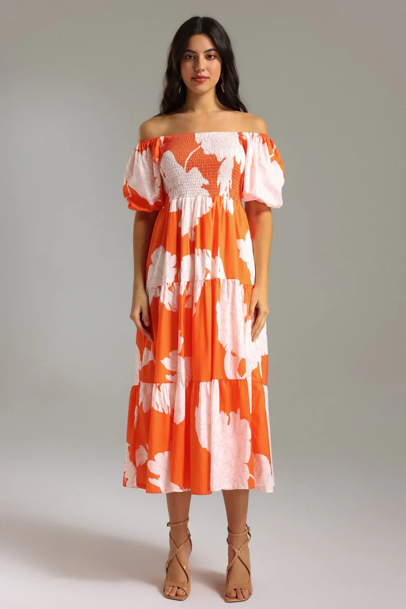 Vestido Una Estampado com Ombro a Ombro