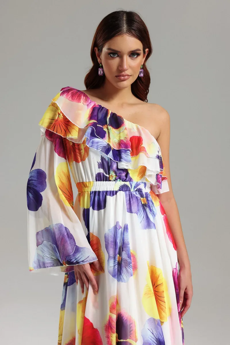 Vestido Maxi Salina com Um Ombro, Estampa e Mesh