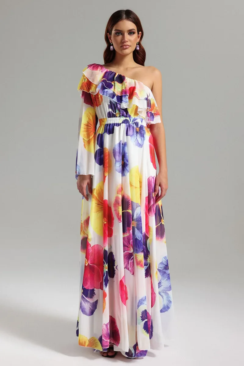 Vestido Maxi Salina com Um Ombro, Estampa e Mesh