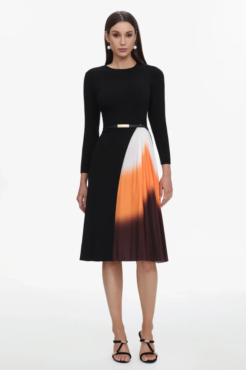 Vestido Midi Reese com Patchwork Degradê e Pregas