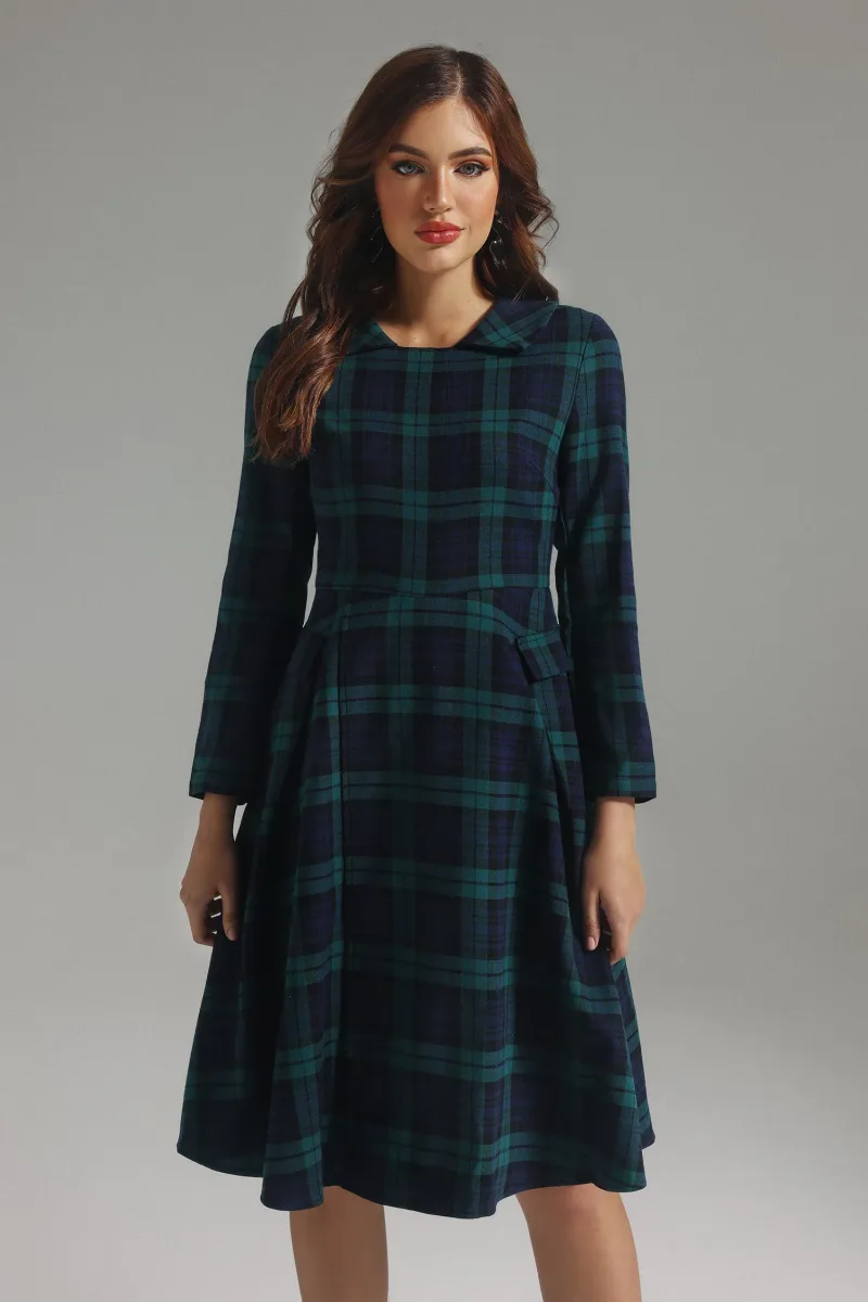 Vestido Gloria com Gola de Blazer e Xadrez