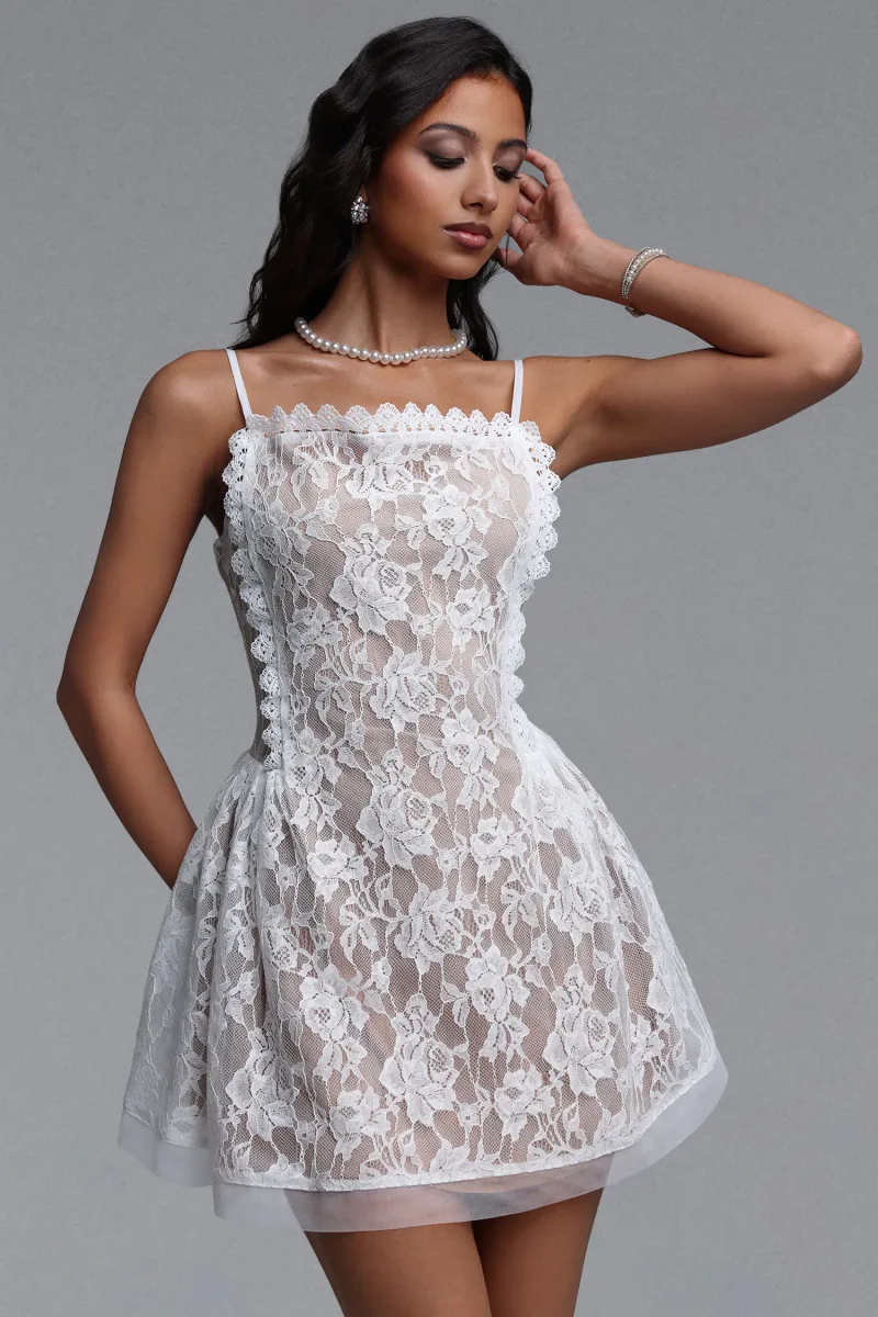 Vestido Erele Resort Sem Mangas com Renda e Tule Pregueado