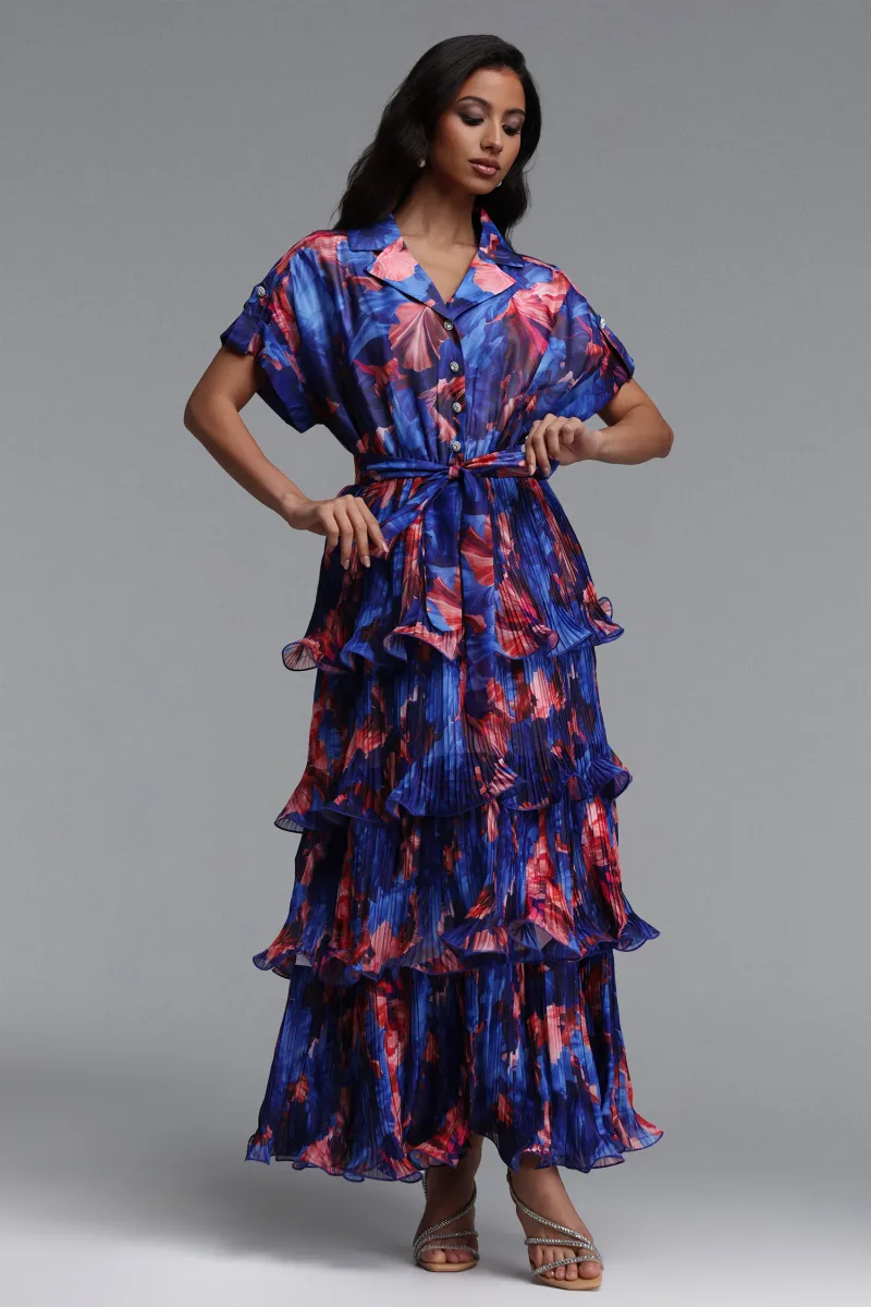 Vestido Dinah Resort Fluido com Manga Curta, Babado e Estampa Floral Midi